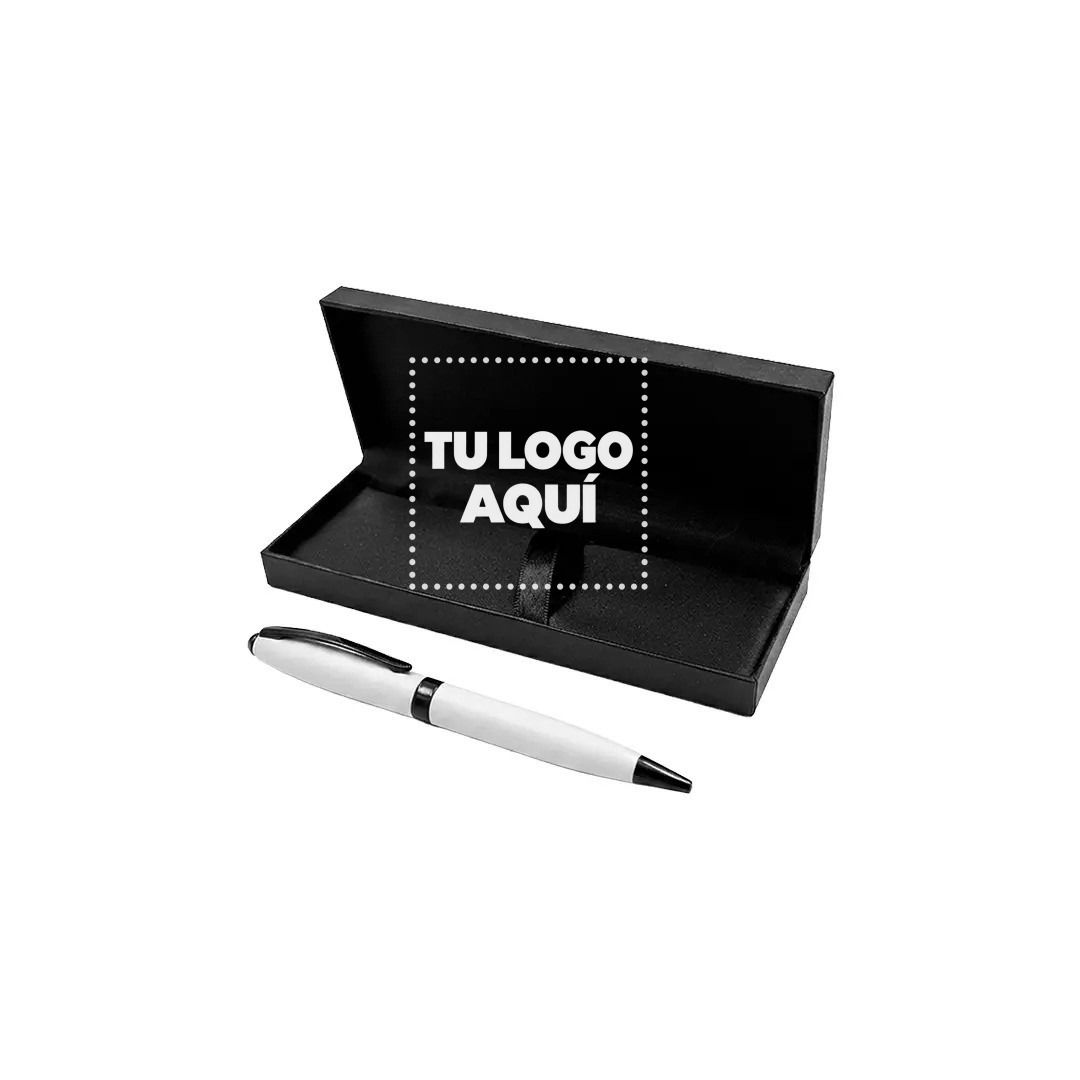 Caja Premium Con Boligrafo Metalico Blanco - personalizable con tu logo