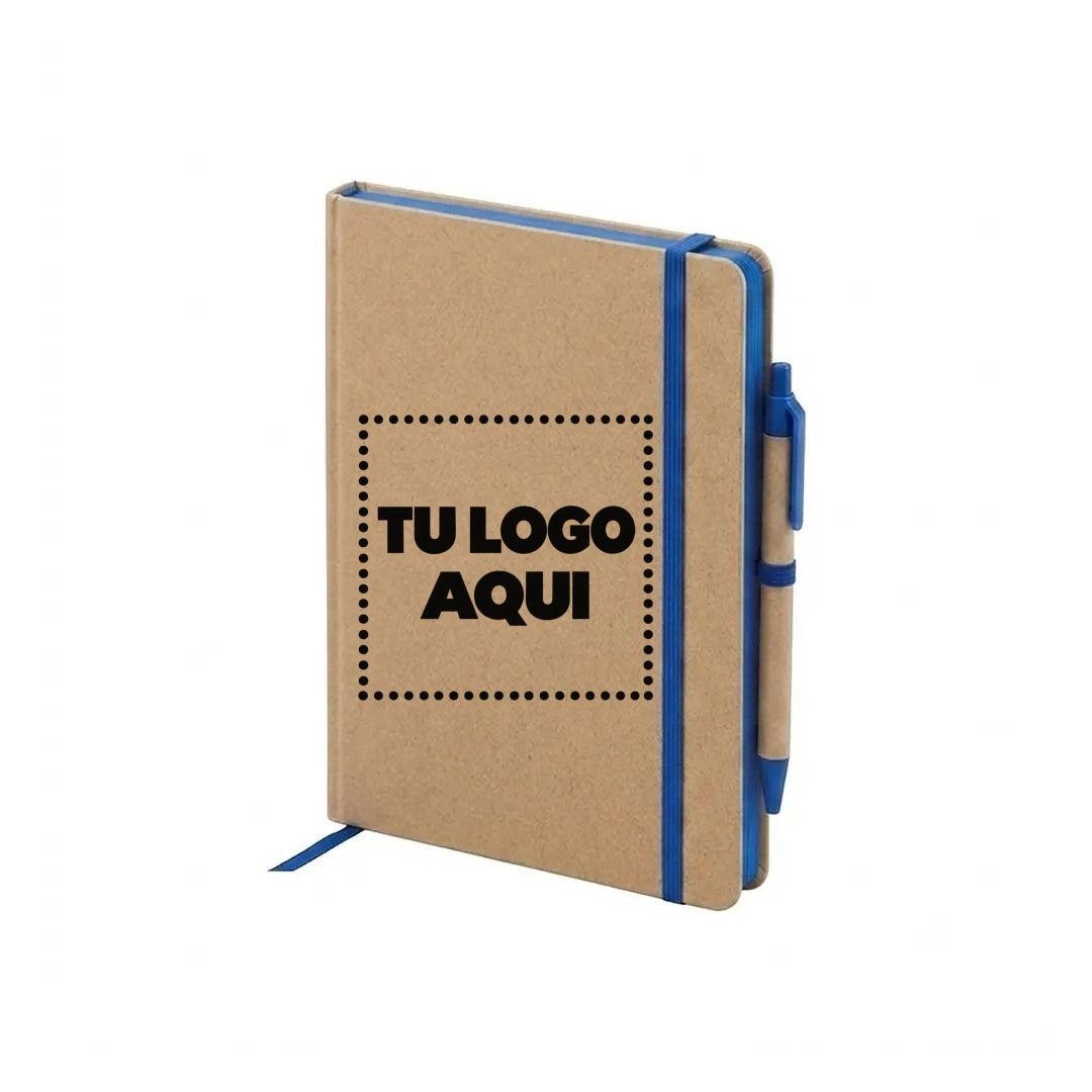 Cuaderno Moderno Kraft Con Boligrafo Con Elastico Azul - personalizable con tu logo