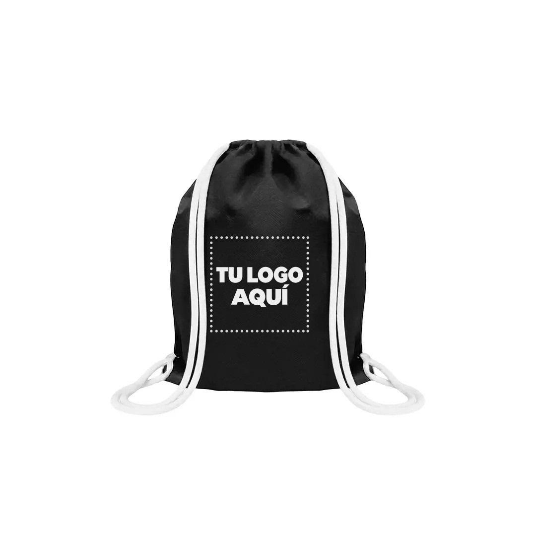 Mochila Encarrujada Cambrela Negro/Cordon Blanco 40Cmx32Cm - personalizable con tu logo