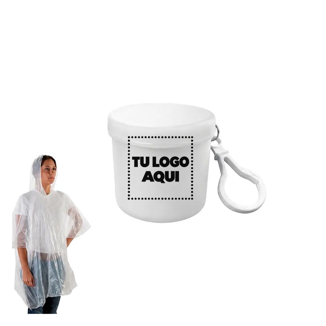 Poncho Lluvia Blanco Con Llavero - personalizable con tu logo