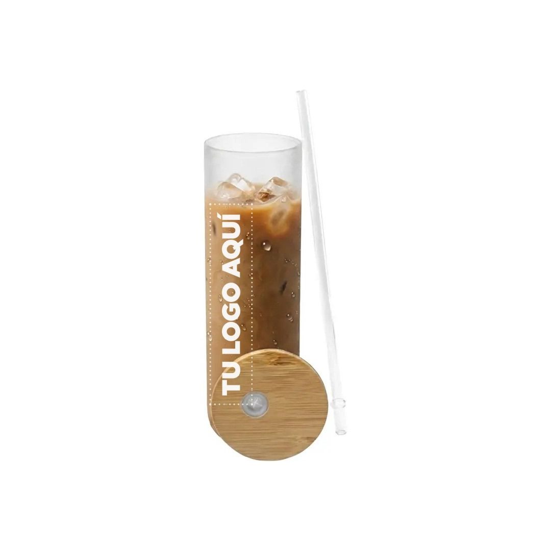 Vaso De Vidrio Con Tapa Bambu - personalizable con tu logo