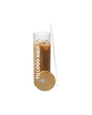 Vaso De Vidrio Con Tapa Bambu - personalizable con tu logo